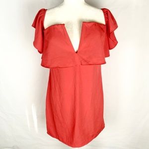 Coral Deep V Off the Shoulder Flutter Sleeve Dress